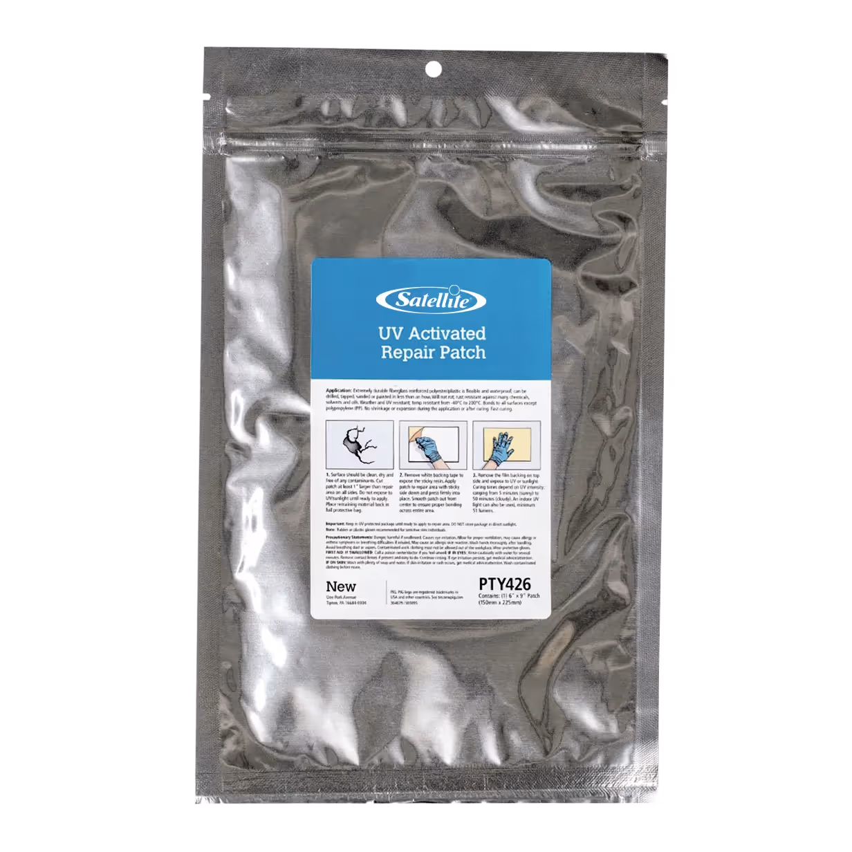 UV Activated Repair Patch in a silver package, featuring instructions and product details.