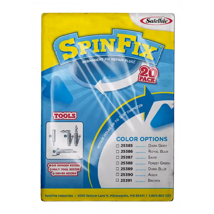Packaging for SpinFix™ repair plugs, 20 pack, featuring color options and tools listed.