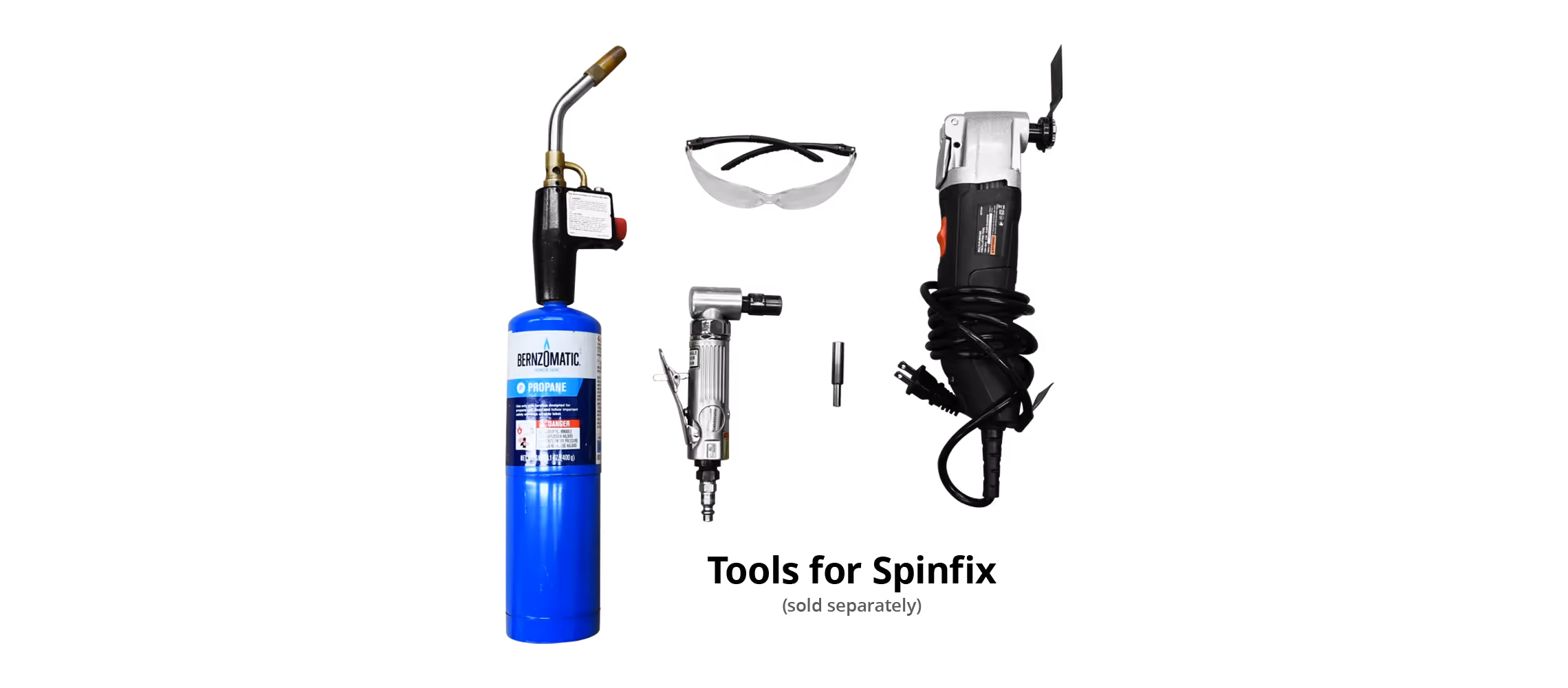 Blue propane torch, air compressor, safety goggles, and angle grinder, all sold separately.