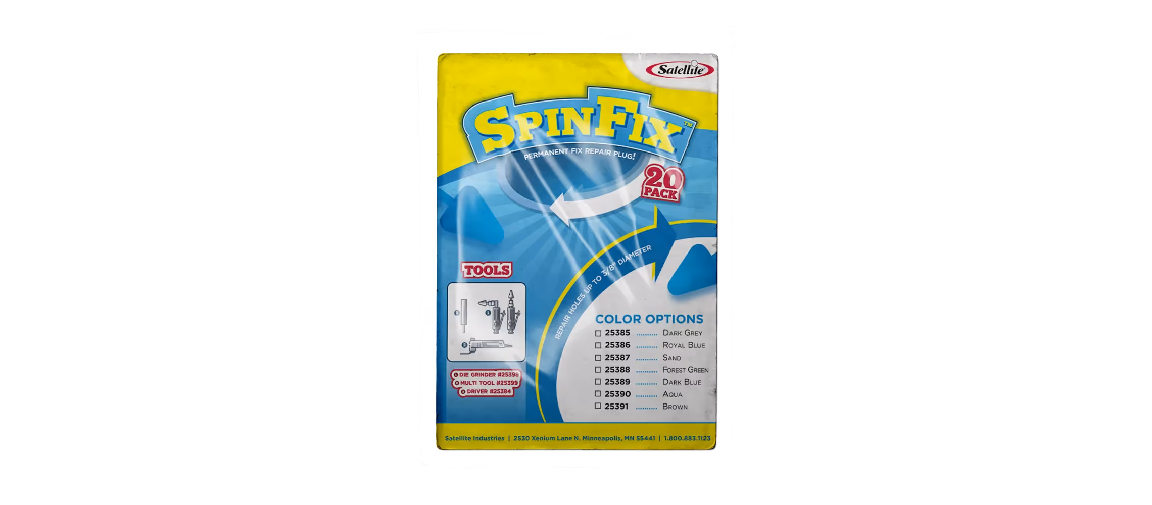SpinFix™ package featuring a 20-pack of assorted colors and tools for fixing items.