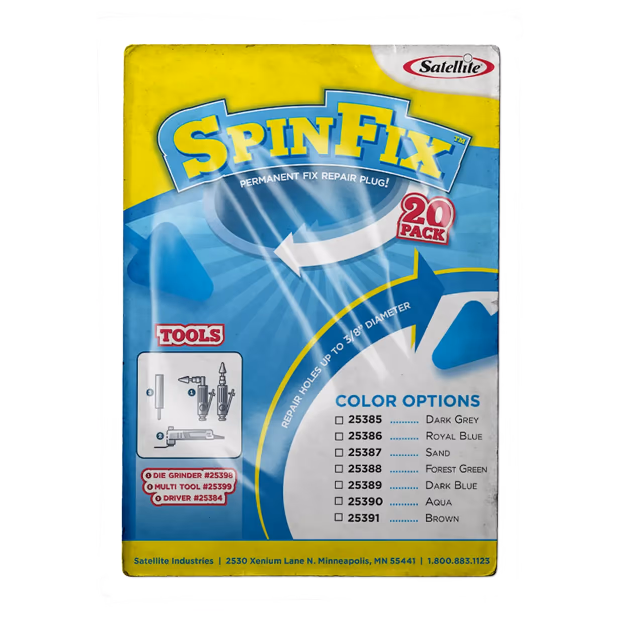 SpinFix™ repair plug packaging; 20 pack, color options listed, tools included. Satellite brand.