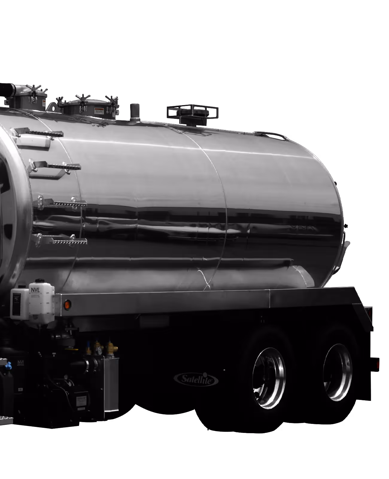 Shiny stainless steel tanker truck with a black background, showing a side view and wheels.