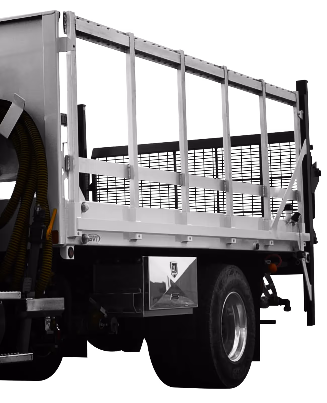 Flatbed truck with a silver frame and a vacuum attachment at the rear.