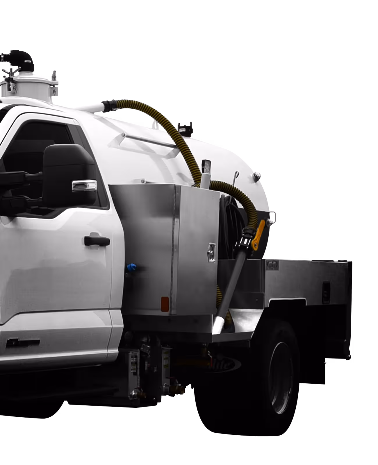 White truck equipped with a tank and hoses for fluid transportation, set against a black background.