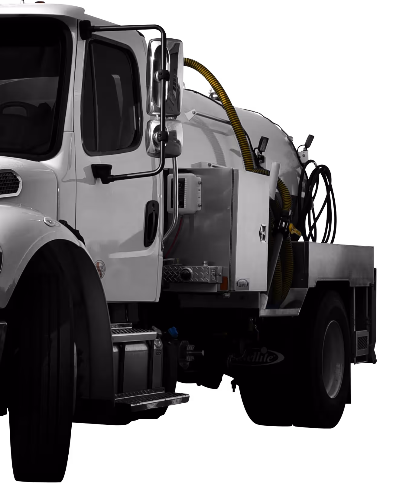 White truck with a tank and hoses on the rear, set against a black background.
