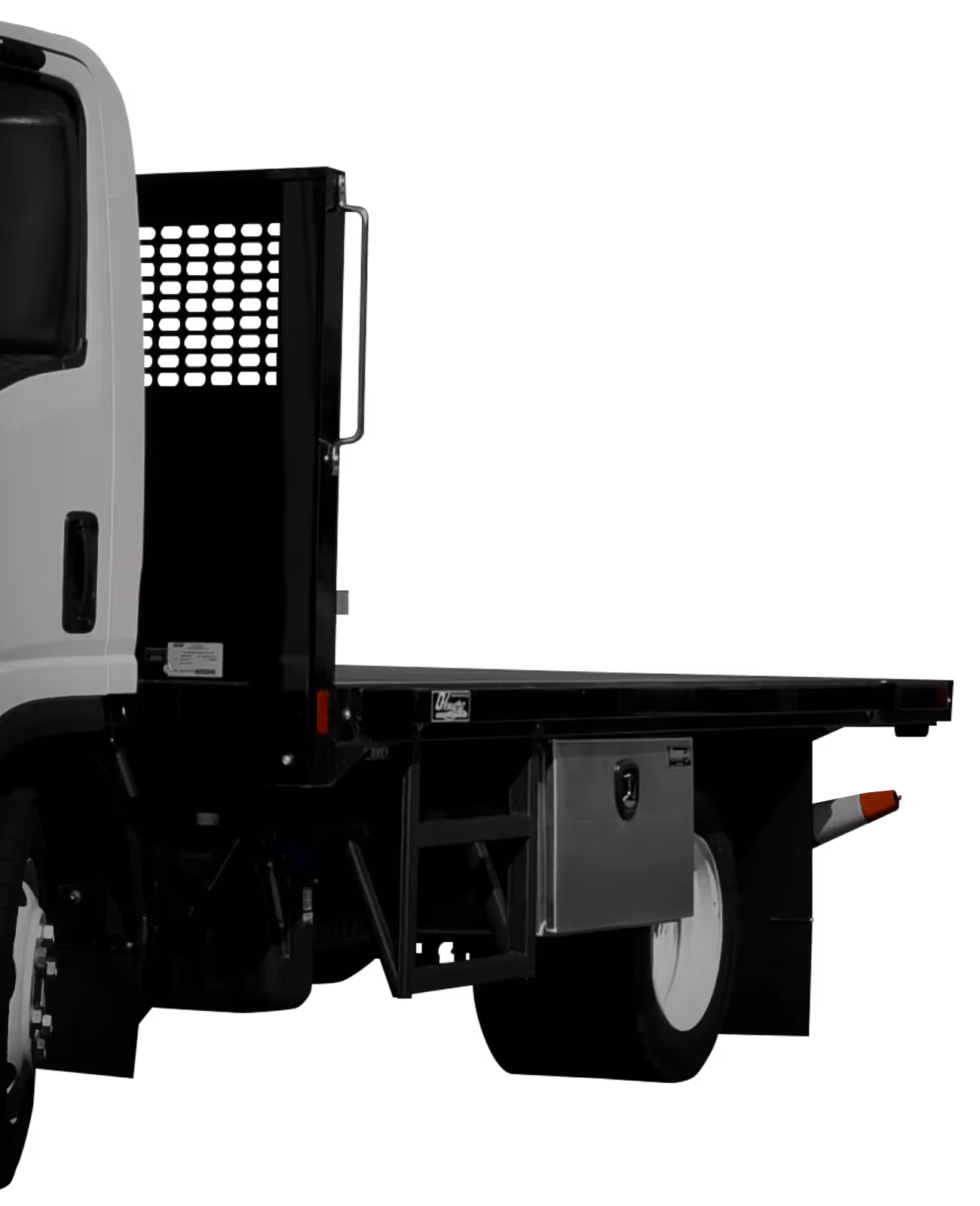 White flatbed truck with a black fence and storage compartment on the rear.
