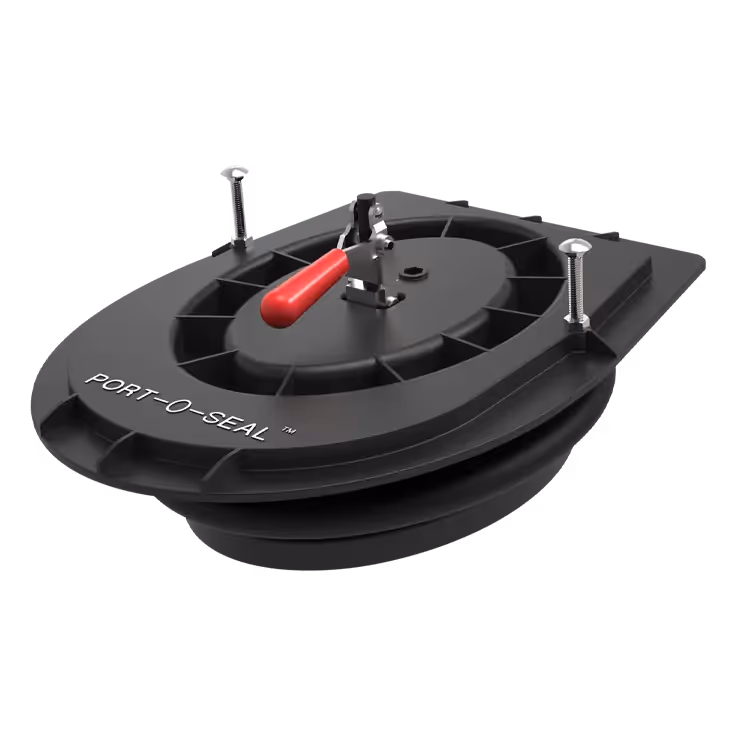 Port-O-Seal device with a red lever and black rubber seal for containers and sealing applications.