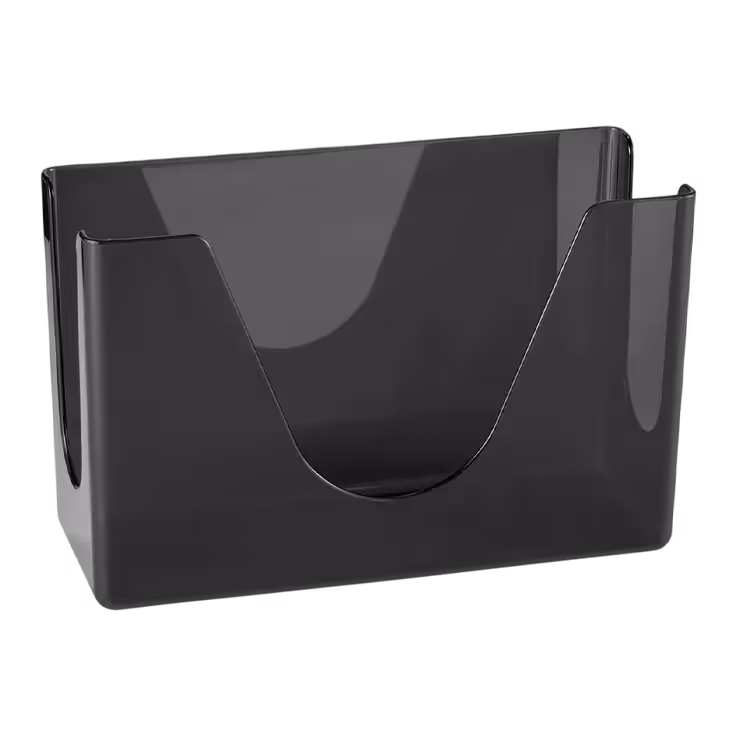 Transparent gray C-Fold towel dispenser with a curved opening and sleek design.