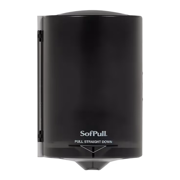 Center-pull towel dispenser in black, labeled "SofPull," with a pull-down feature.
