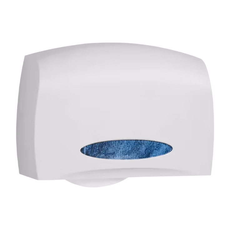 White coreless tissue dispenser with a blue paper opening, designed for wall mounting.