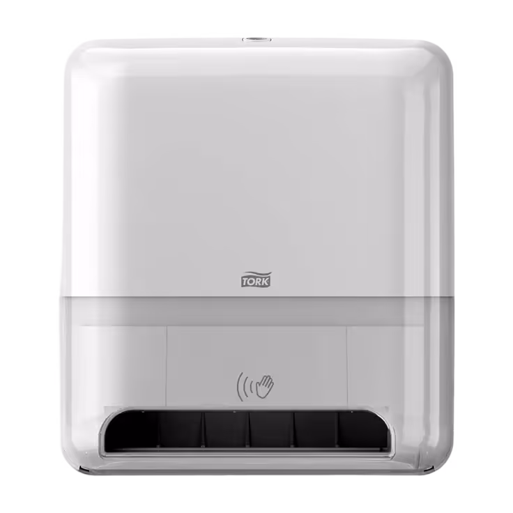 Electric towel dispenser with a sleek white design and a touchless sensor for easy use.