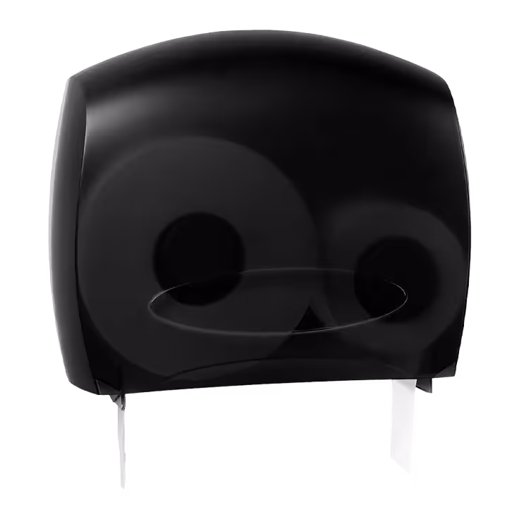 Black jumbo tissue dispenser with a smooth, rounded design and two metal mounting brackets.