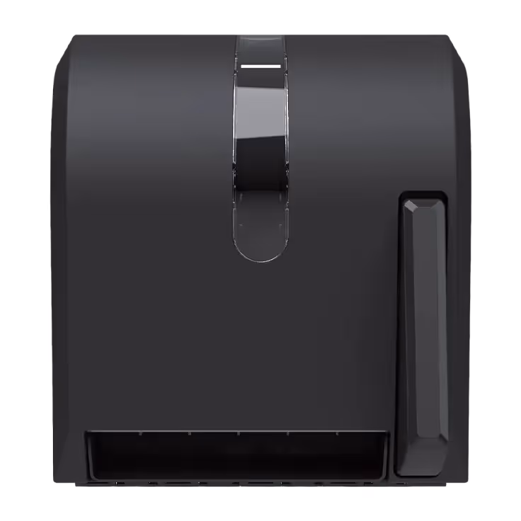 Black wall-mounted manual paper towel dispenser with a central glossy lever and front slot.