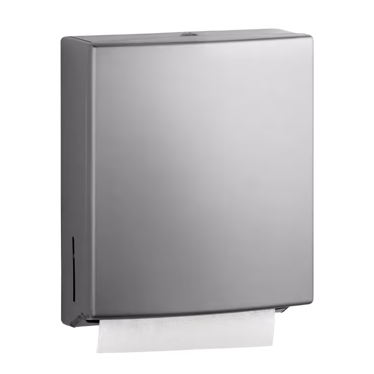 Stainless steel multifold towel dispenser with a paper towel partially extended.