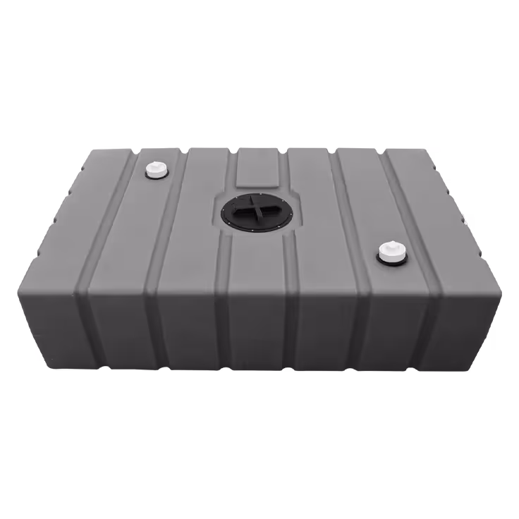 Gray rectangular holding tank with a central opening and two white threaded fittings on top.
