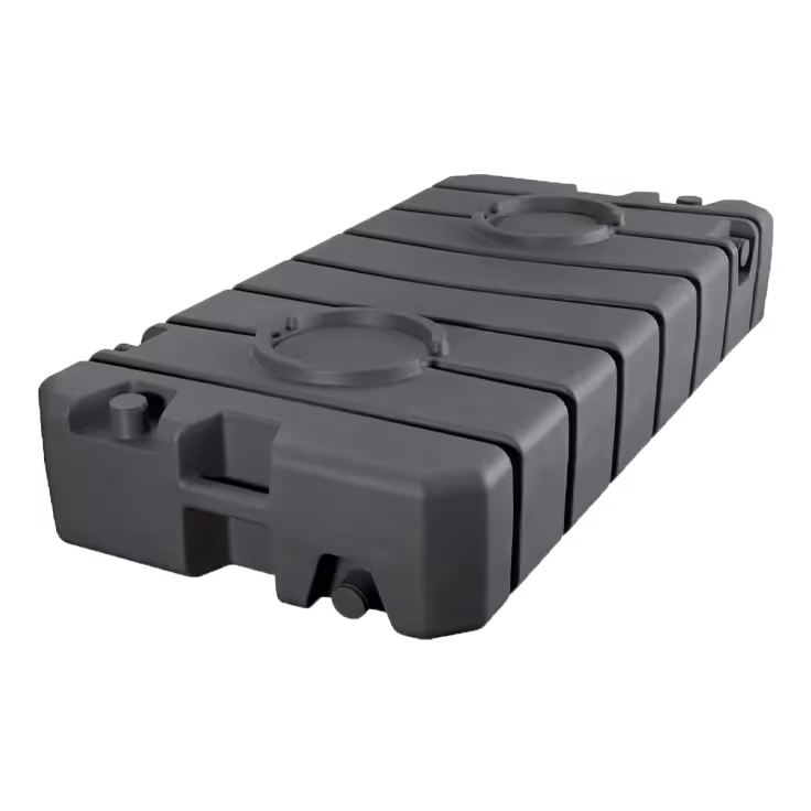 Dark gray recessed holding tank with curved indentations and a sturdy, ribbed surface.