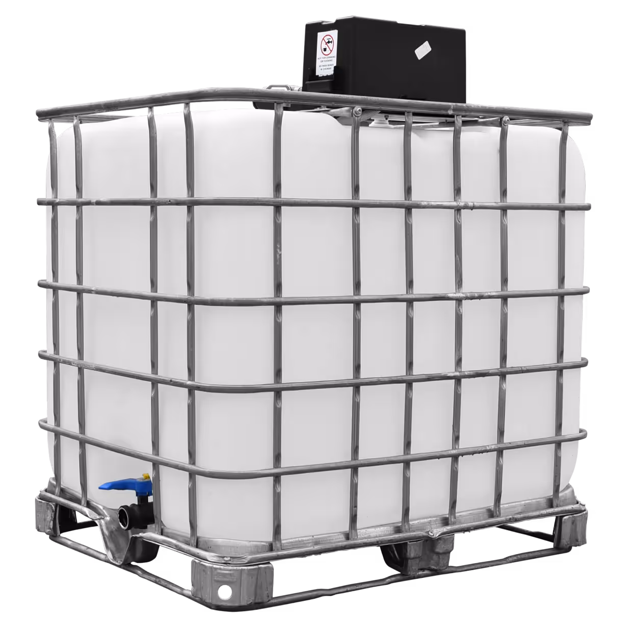 275-gallon fresh water delivery system with metal cage and valve on the bottom.