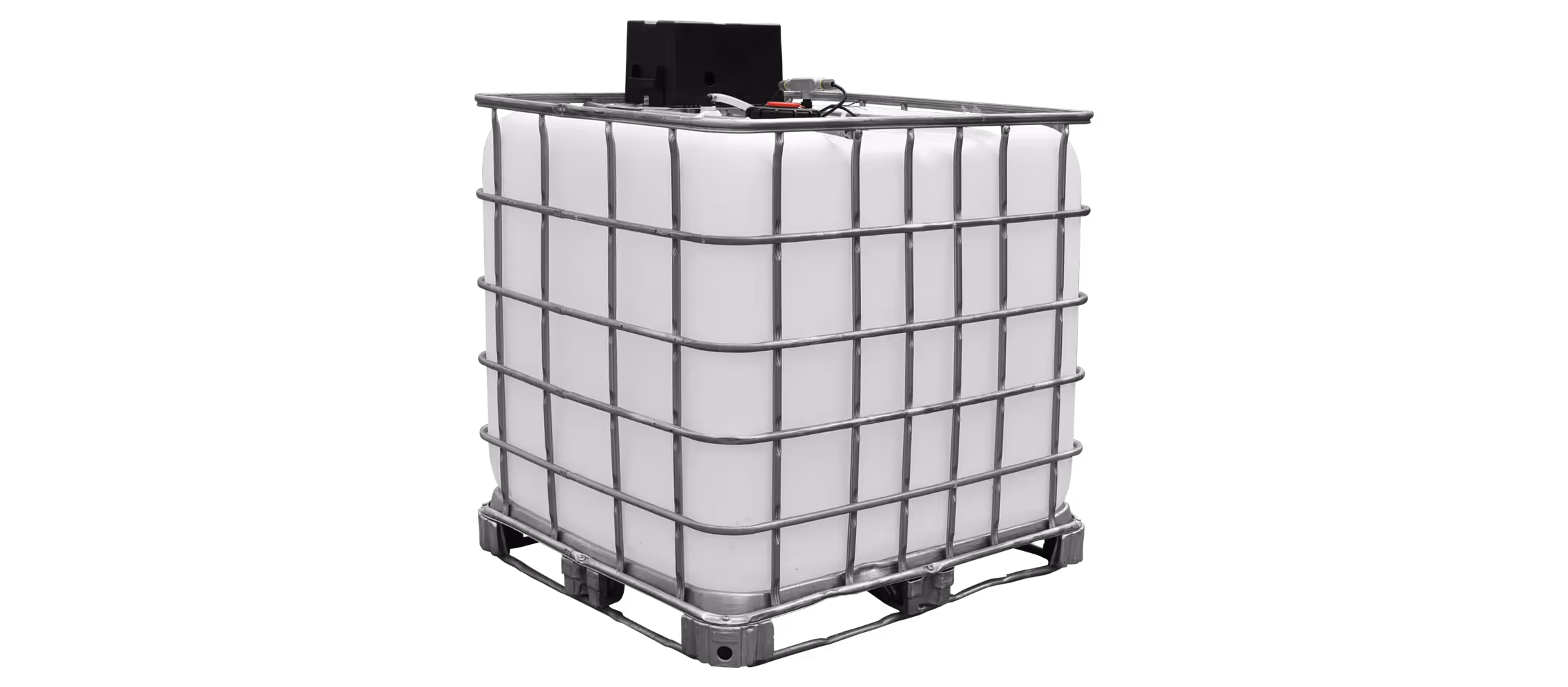 A 275-gallon fresh water delivery tank enclosed in a metal cage on a pallet.