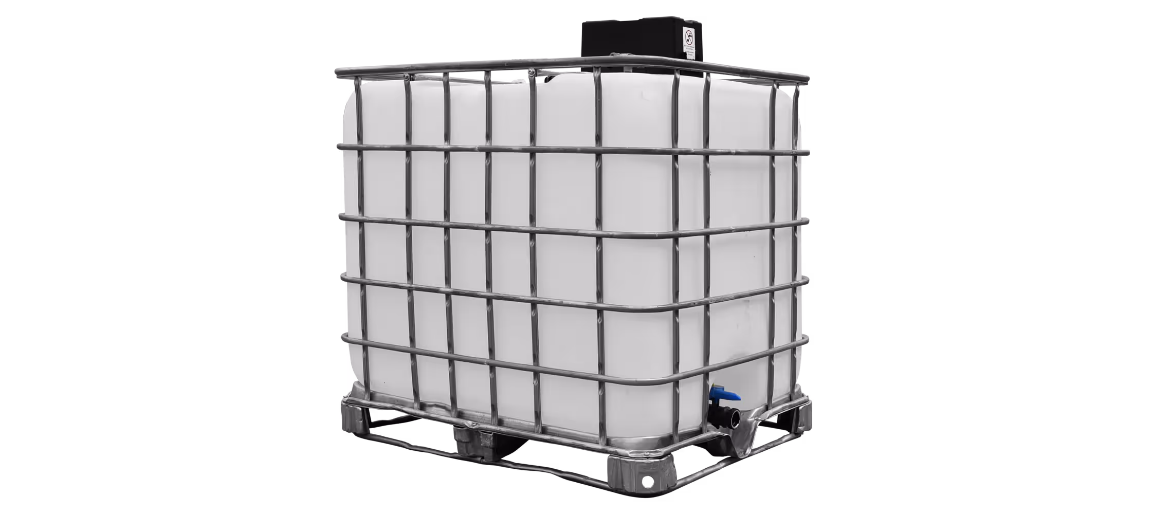 275-gallon fresh water delivery system in a protective cage with a blue valve on the side.