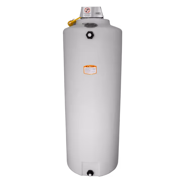 White cylindrical fresh water delivery tank with a top opening and a bottom drain.
