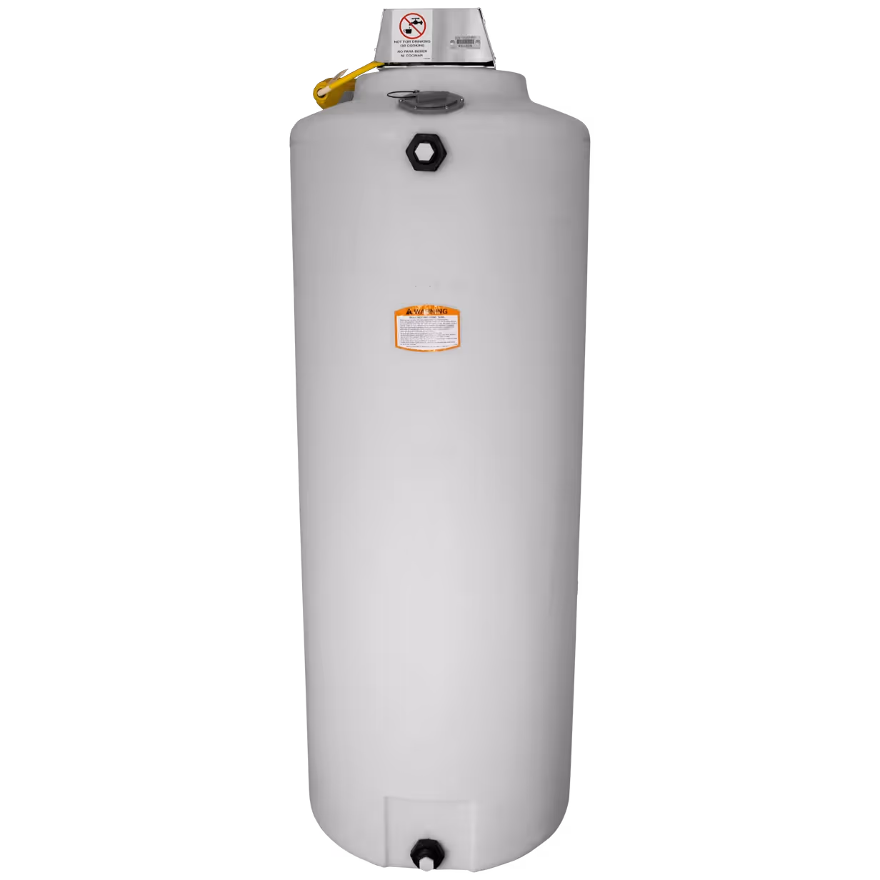 Vertical white water storage tank with a yellow warning tag and an orange label on the front.