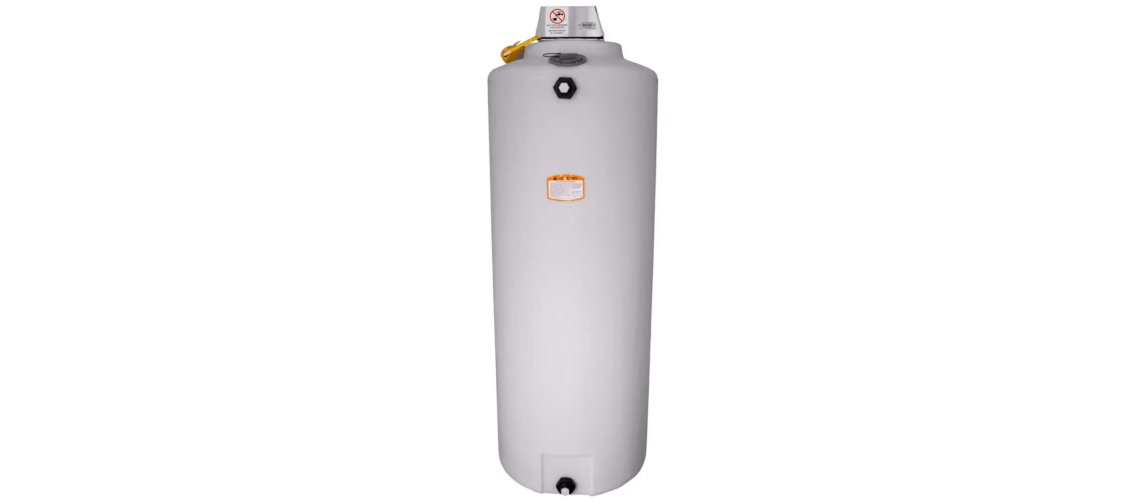 Vertical white water tank with a top valve and bottom outlet for fresh water delivery.