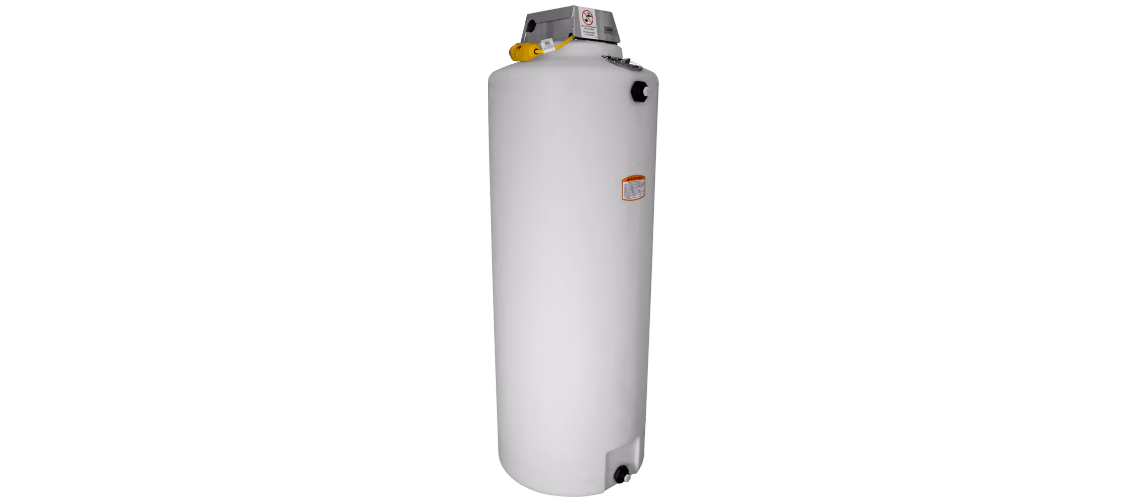 White cylindrical tank with a gray top and valves for fresh water delivery system.