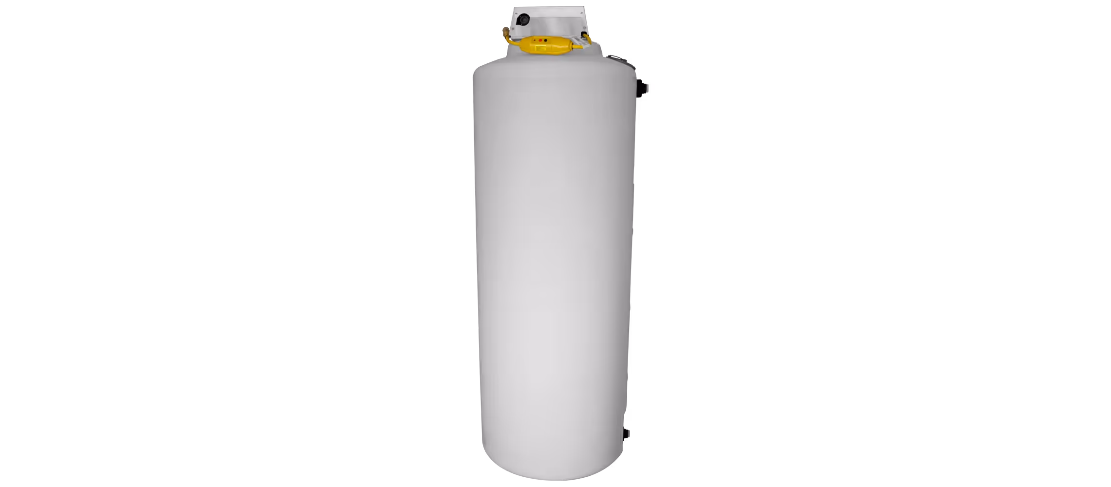 Tall, cylindrical white tank with a yellow valve on top, designed for fresh water delivery.