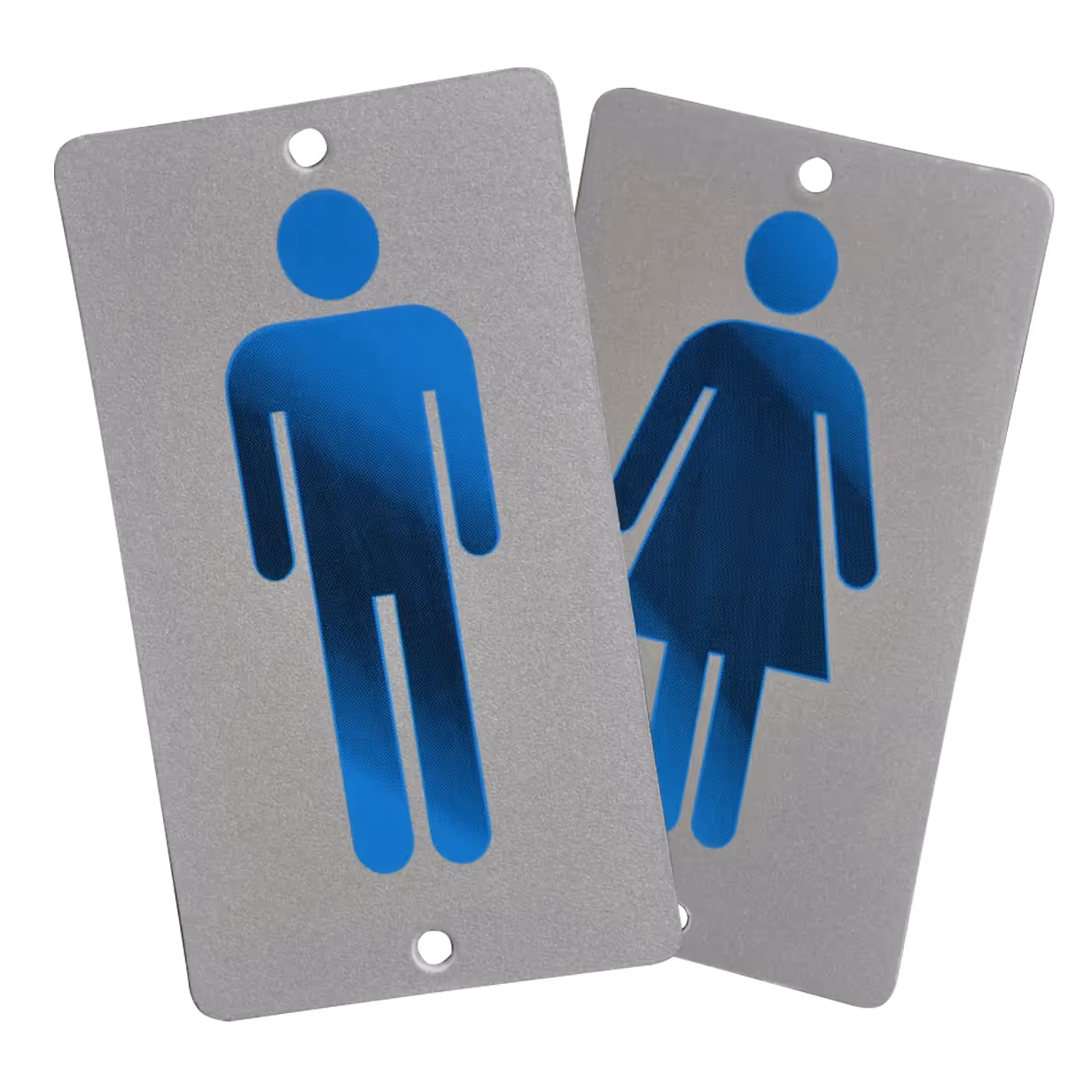 Two metallic signs depicting gender indicators: one for male (blue figure) and one for female (blue