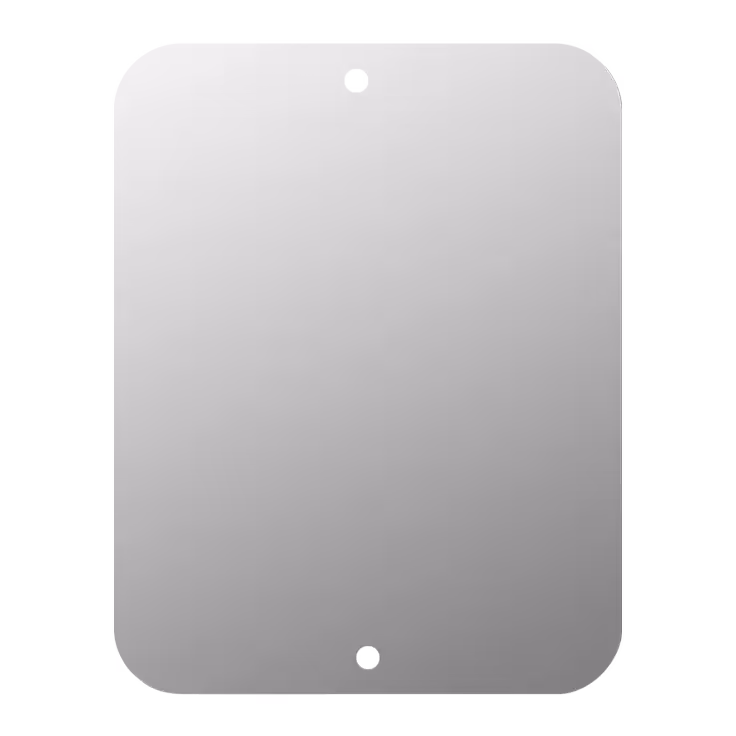 Rectangular mirror with rounded corners and two holes at the top and bottom for mounting.