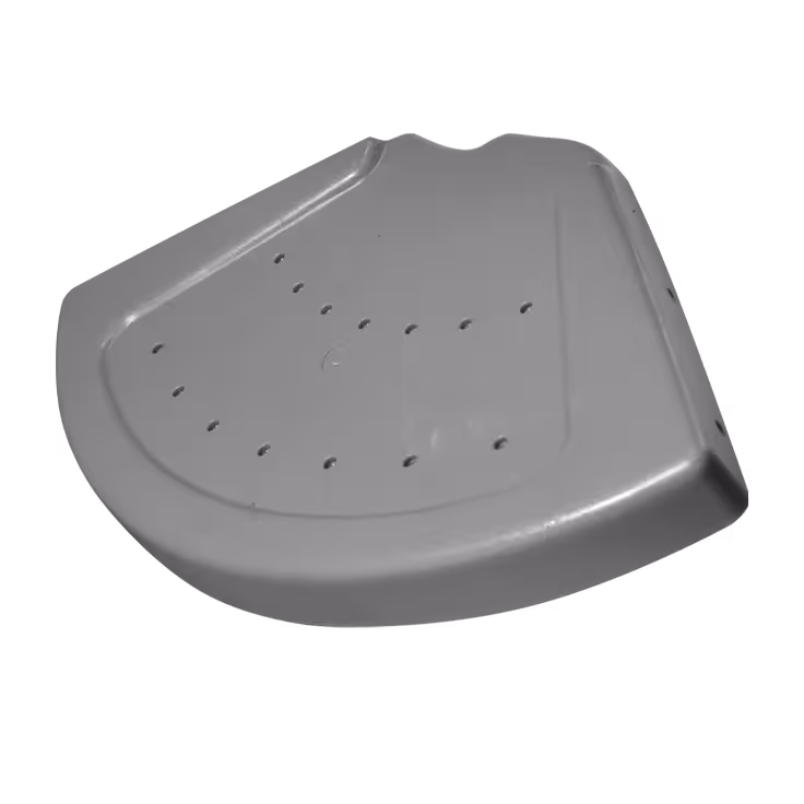 Gray shelf corner piece with perforated pattern for ventilation or drainage.