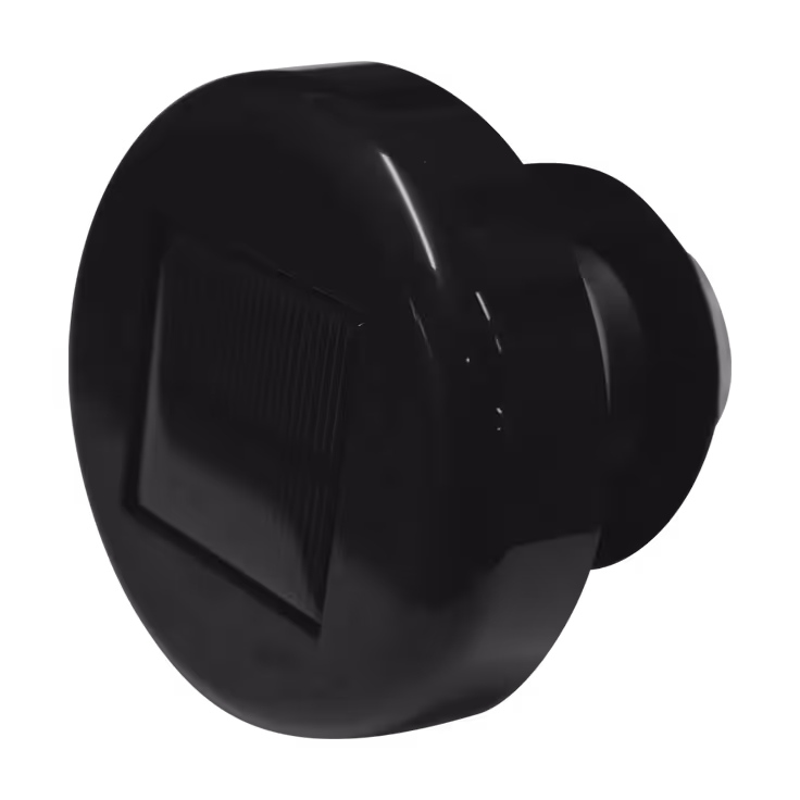 Black solar light with a square panel on its surface. Round, compact design for outdoor use.