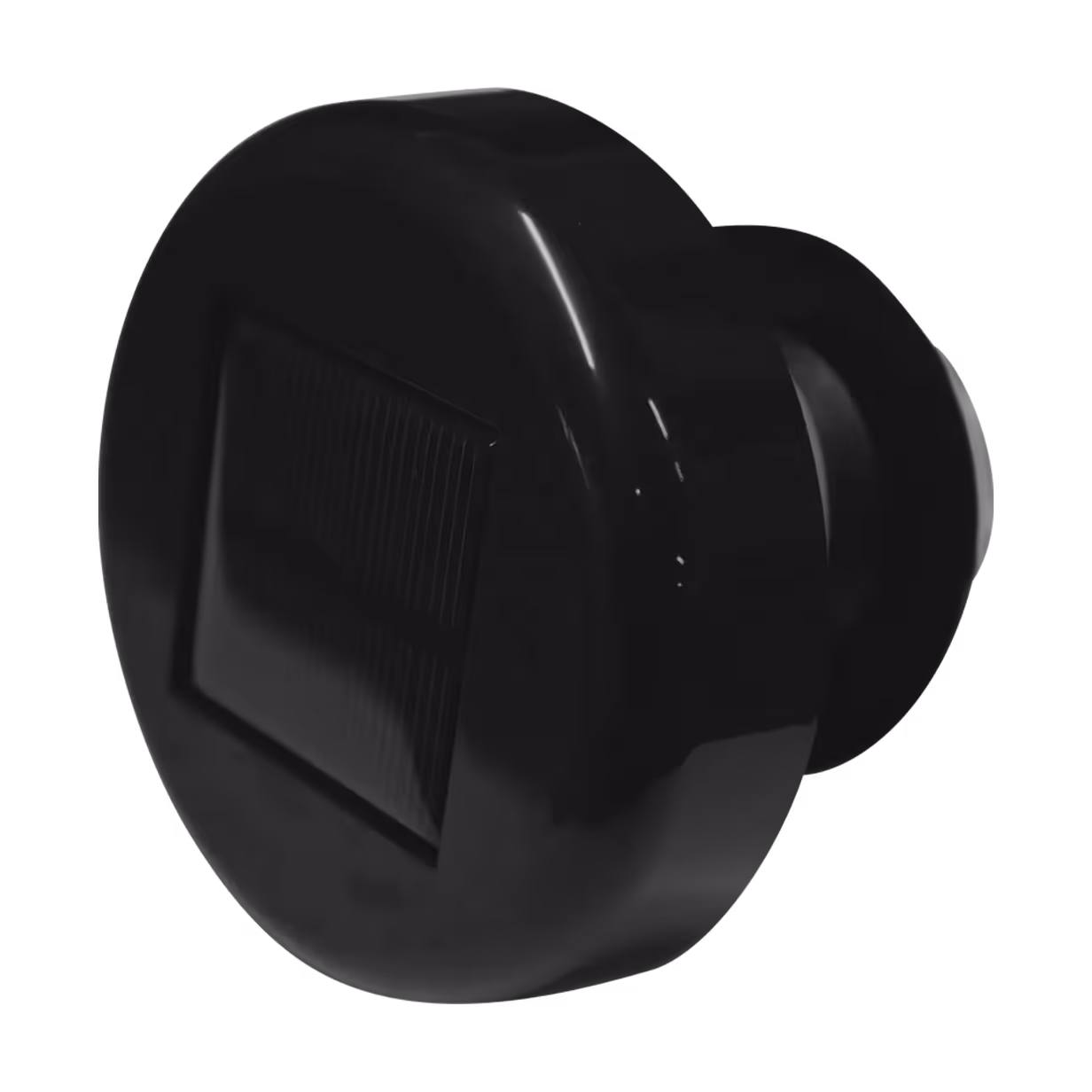 A sleek black solar light with a square solar panel on top and a curved base.