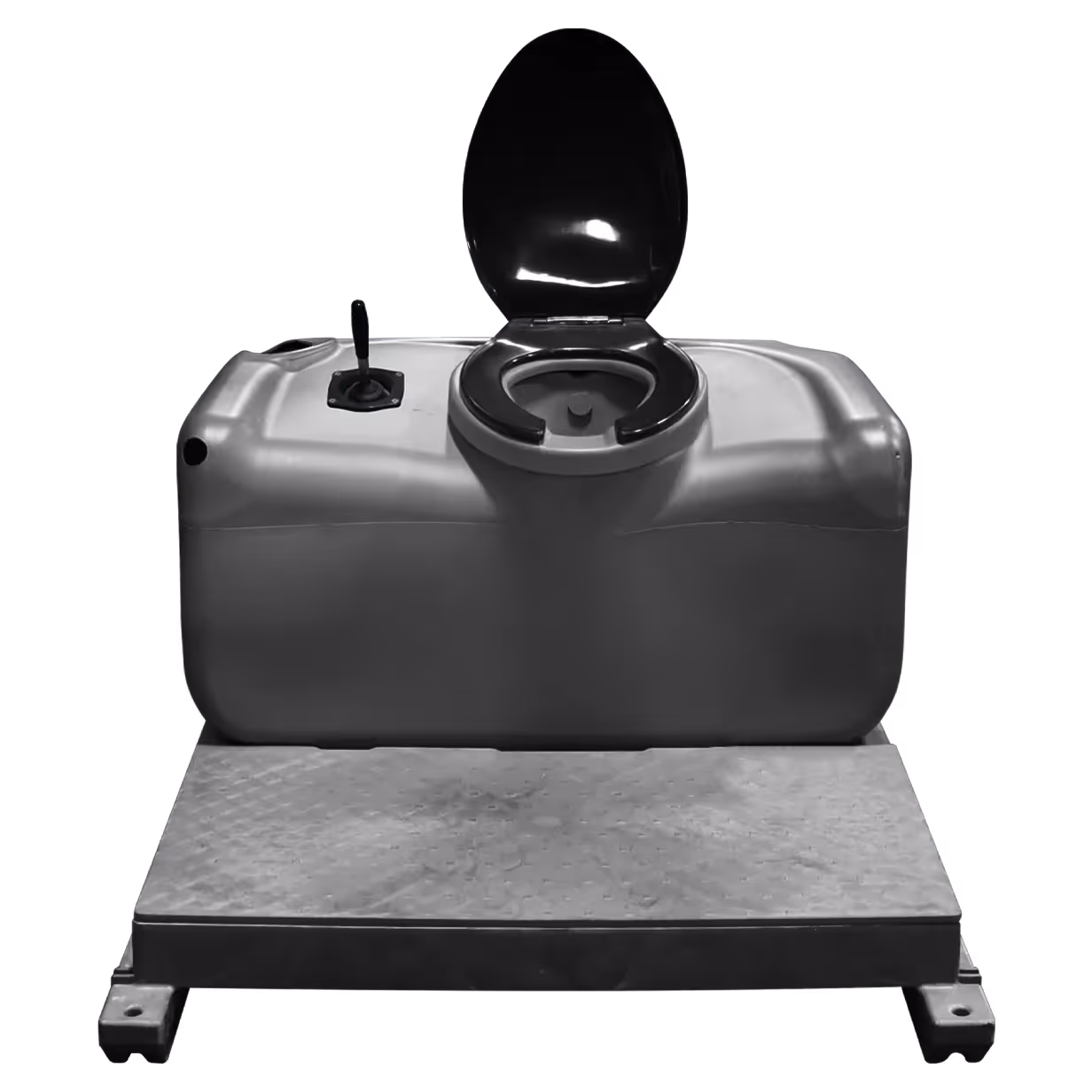 Industrial training device with a toilet seat, joystick, and step platform base.