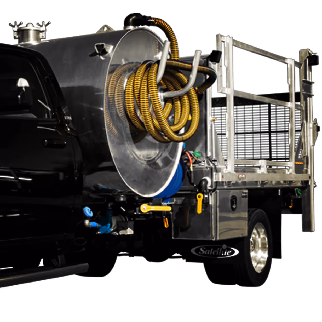 Black truck with mounted stainless steel tank and coiled yellow hoses on its flatbed.