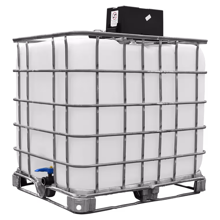 275-gallon water storage tank with metal frame and blue valve at the bottom.
