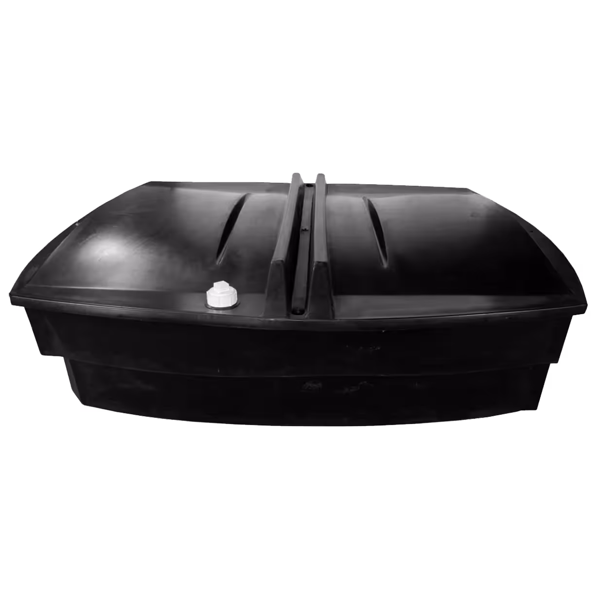 250-gallon black containment tank with a flat top and a side outlet.