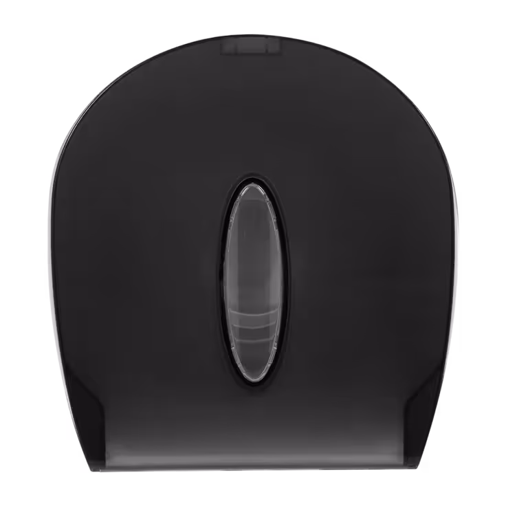 Black plastic wall-mounted tissue dispenser with a clear oval window to view the roll inside.