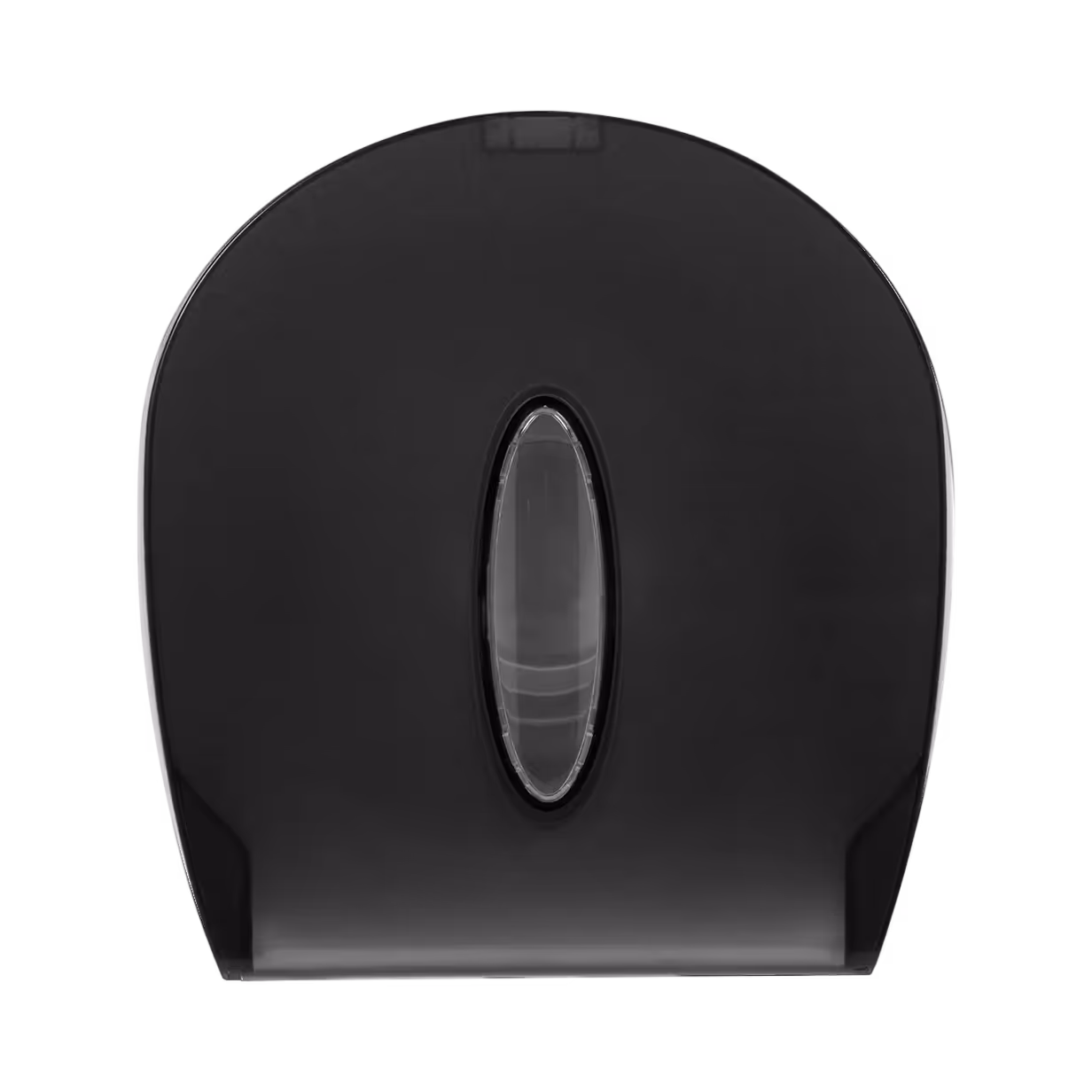 Black wall-mounted toilet paper dispenser with a translucent window to view roll inside.