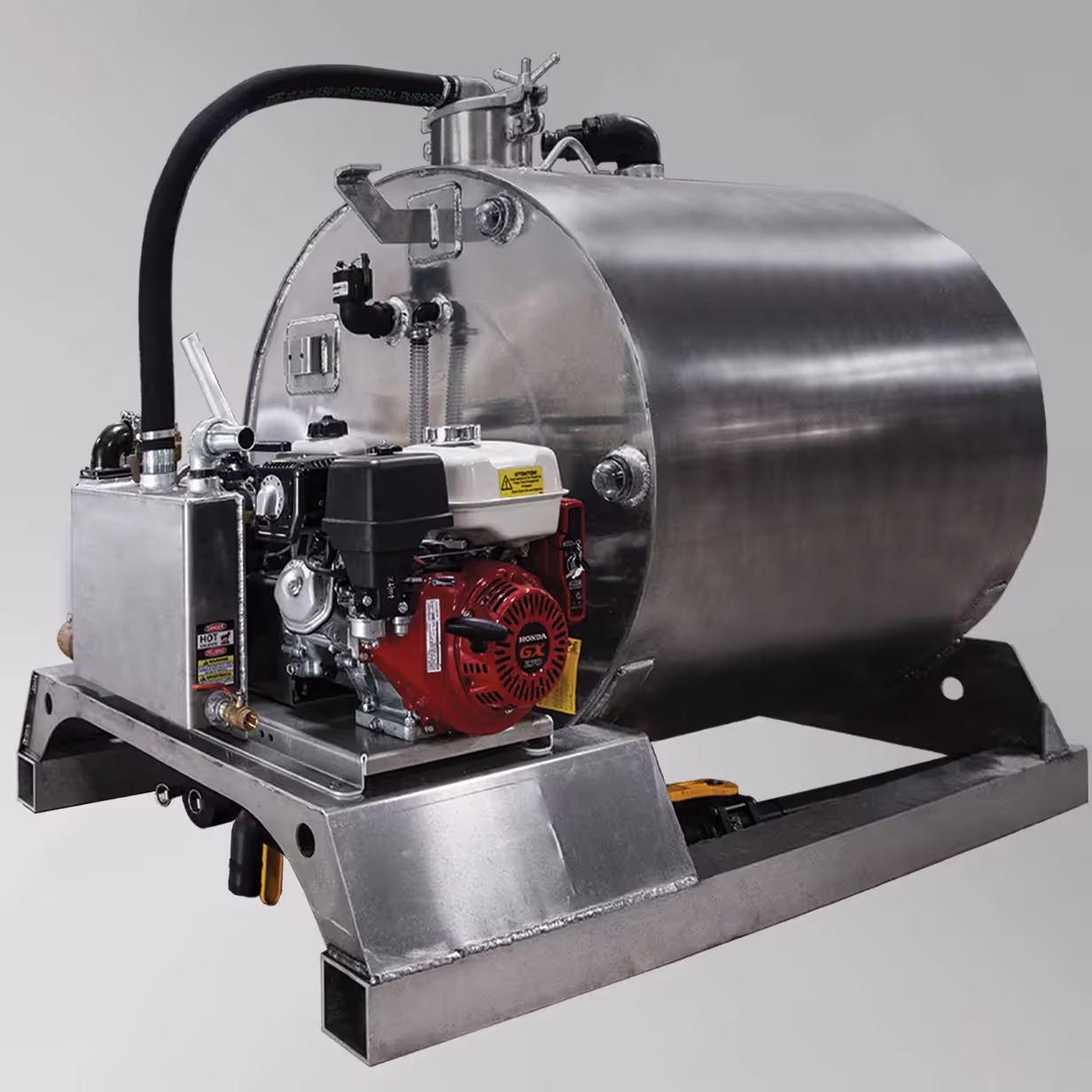 Industrial stainless steel tank with attached red and black Honda GX engine on a sturdy frame.
