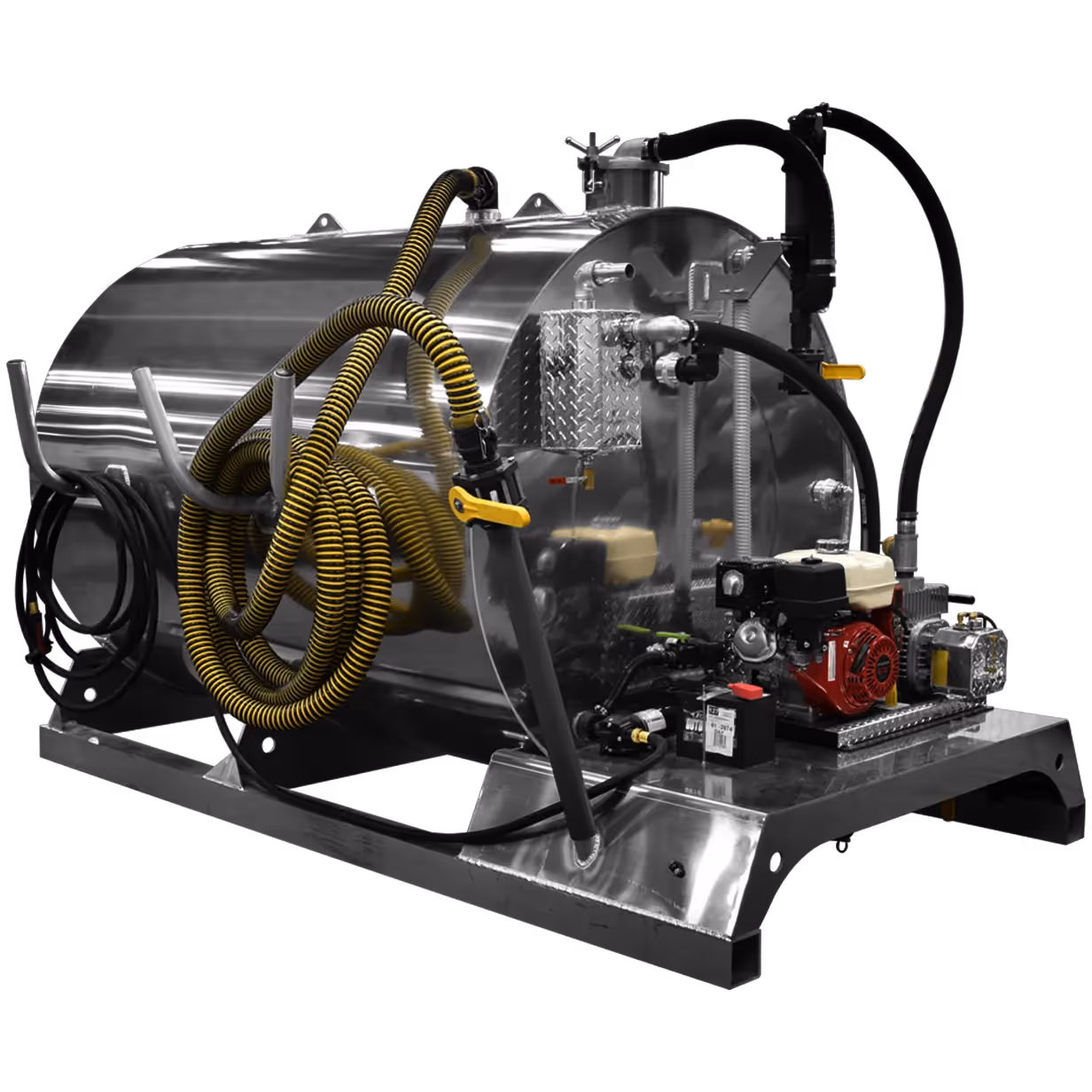 Stainless steel tank with hoses, pump, and equipment on a metal frame.