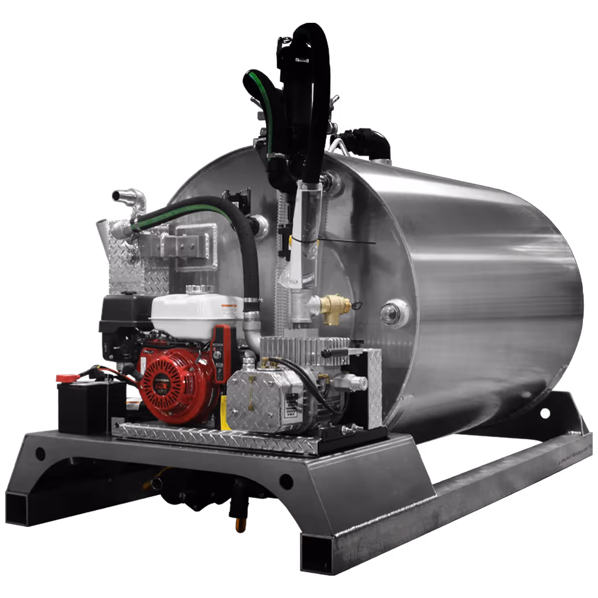 Stainless steel tank with a red engine and pump mounted on a metal frame.