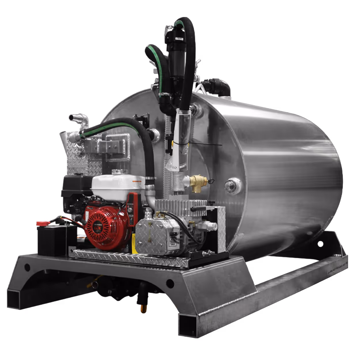 Metal tank mounted on a frame, featuring a motor and various hoses and connectors.