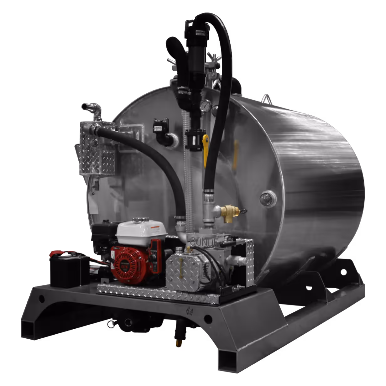 A metallic storage tank with hoses, a pump, and a mounted engine on a sturdy base.