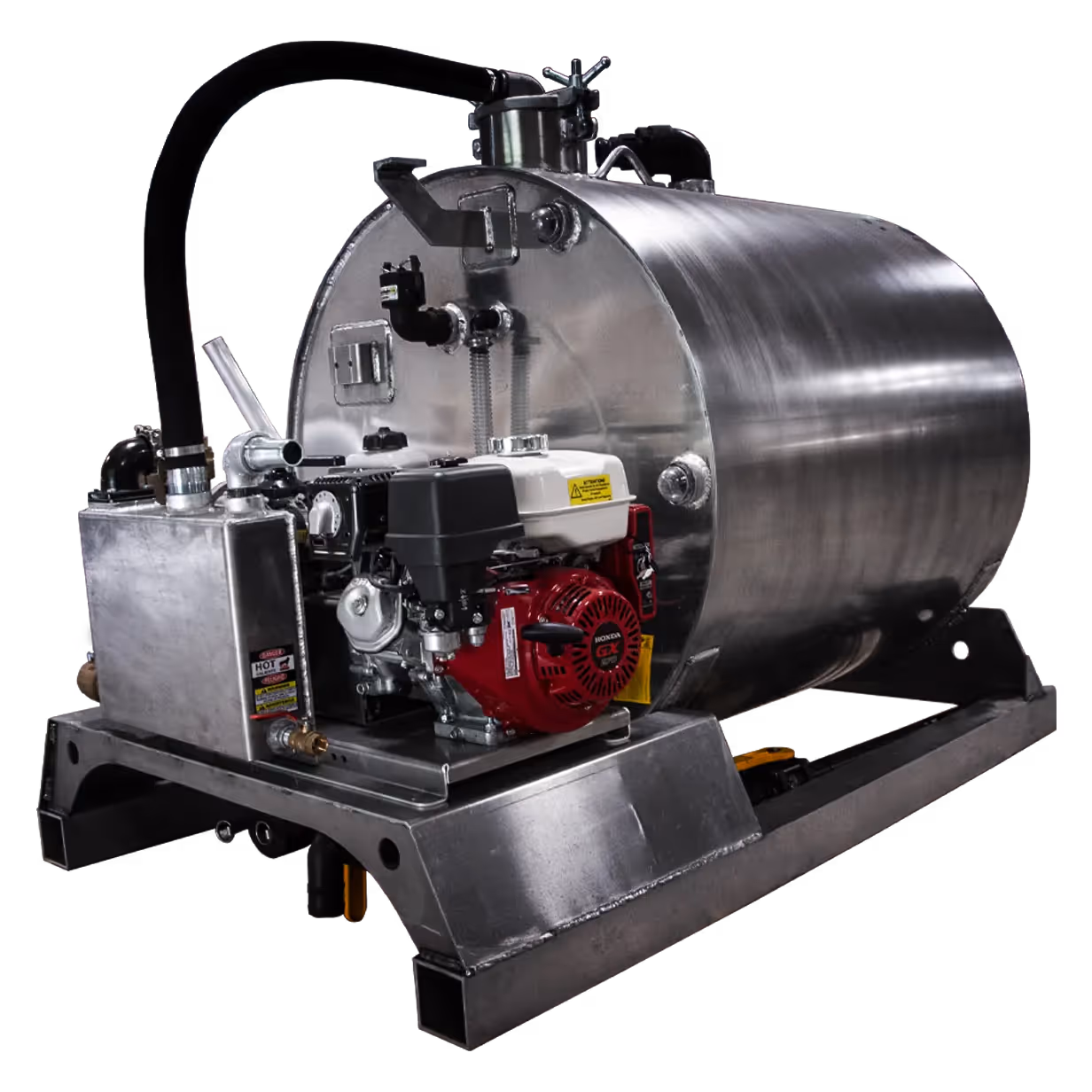 Stainless steel tank with a motor, hoses, and a sturdy base for portable operation.