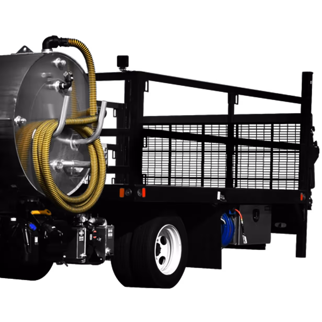 Cabover P&D700 truck with large cylindrical tank and coiled yellow hose attached.