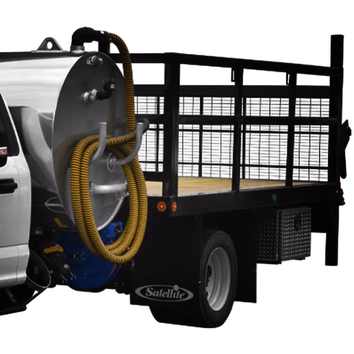 Flatbed truck with black steel railing and attached silver tank with yellow coiled hose.