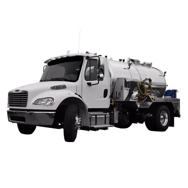 White vacuum truck with a silver tank and hose, parked on a black background.