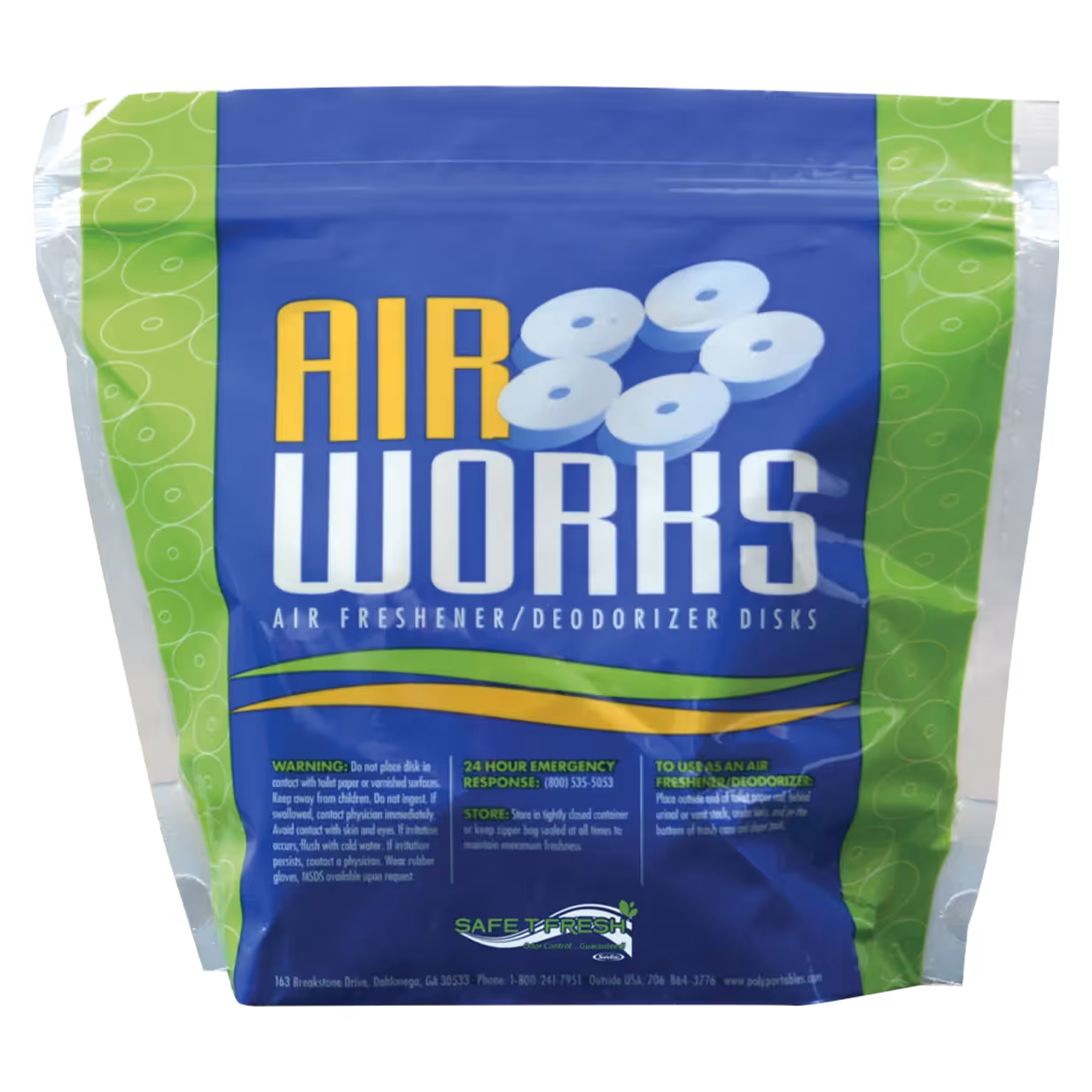 Air Works air freshener and deodorizer disks in a green and blue resealable bag.