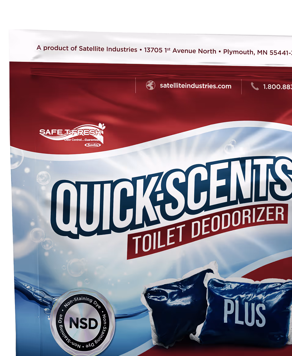 Red packaging for QuickScents Plus toilet deodorizer by Satellite Industries, featuring blue scent